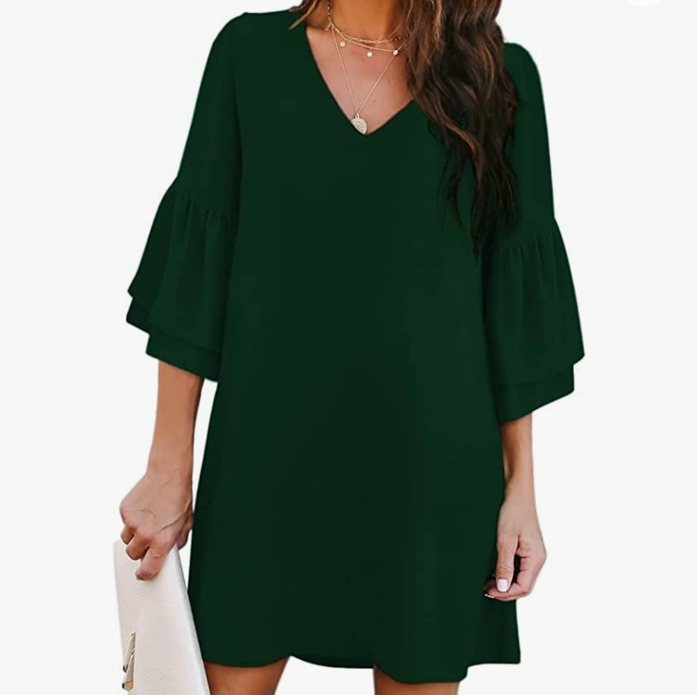 GREEN V-Neck Bell Mid Sleeve Shift Mini Dress Flowy Sexy Women's XXL
